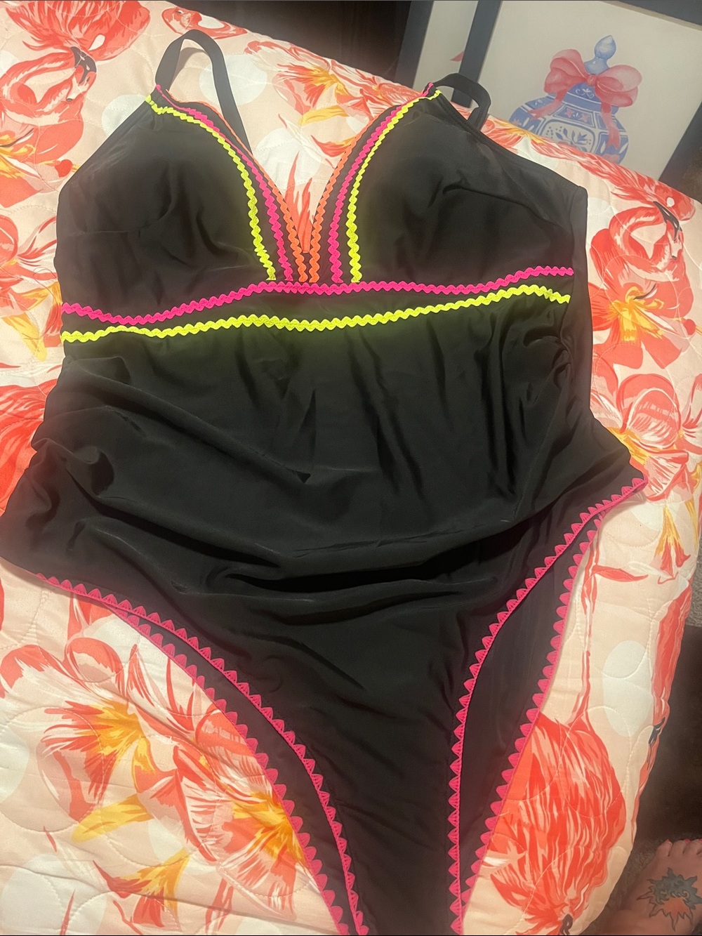 Black womens ' One-Piece Swimsuit with Neon Trim